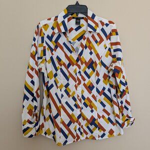 Ashley Stewart blouse blue brown yellow white 12 EUC Y2K coastal grandma